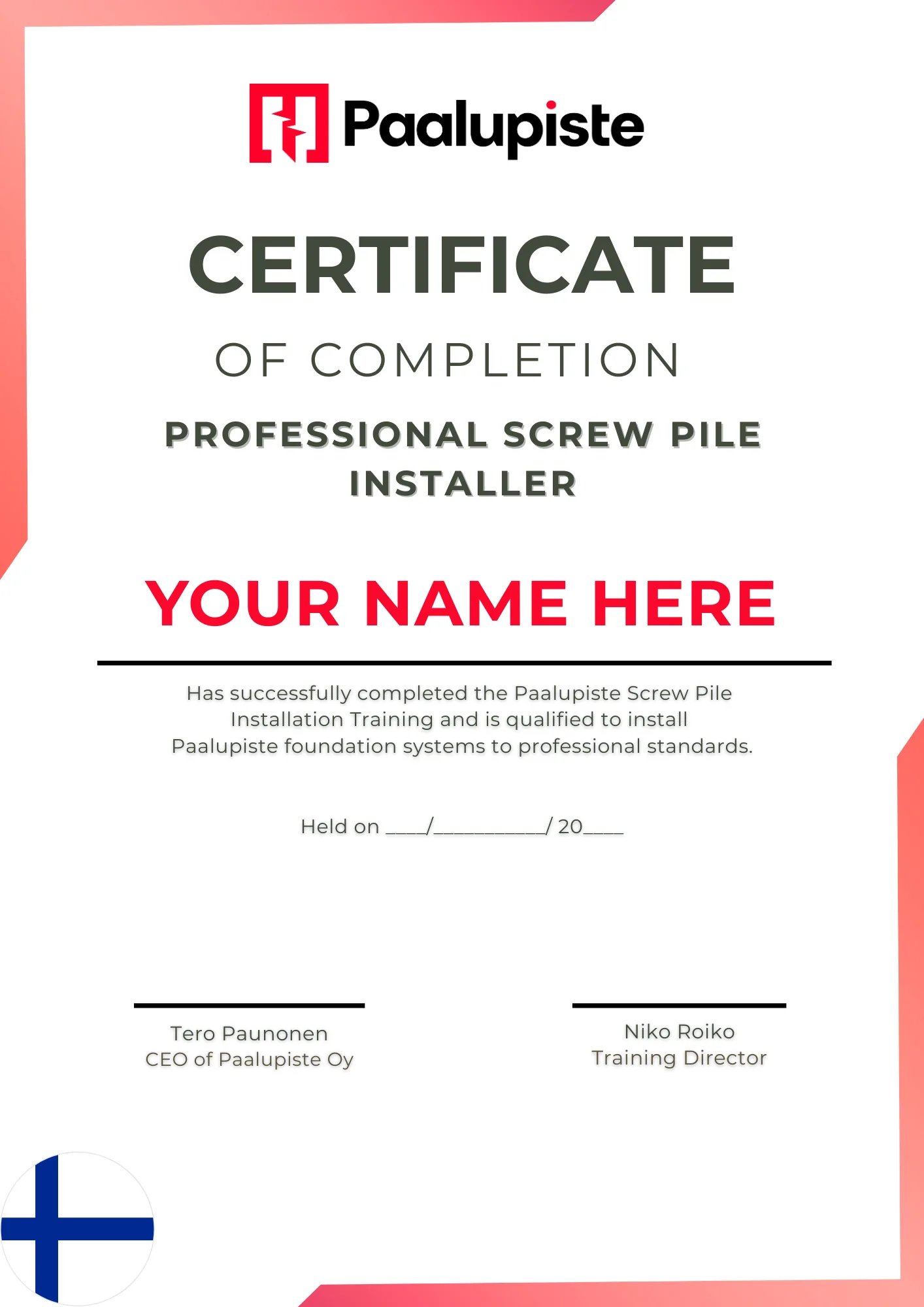 Paalupiste Professional Screw Pile Installer Certificate