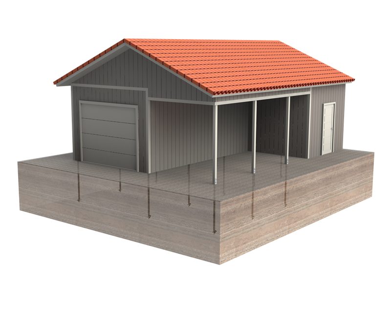 3D-rendering av ett garage på skruvpålegrund